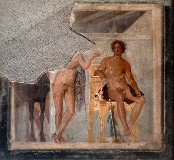 Fresco of Two Heroes, Achilles and Patroclus, Herculaneum, Palestra, Archaeological Museum of Naples