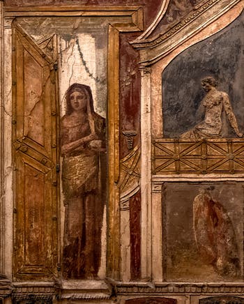 Fresco Women at the door and on the balcony, Pompeii, Casa di Meleagro, Archaeological Museum of Naples