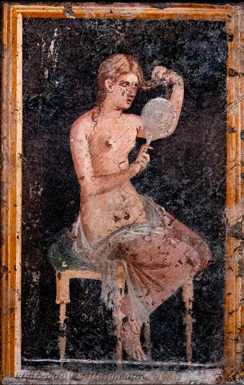 Fresco of a young girl combing her hair in front of a mirror, Stabiae, Villa di Arianna, Archaeological Museum of Naples