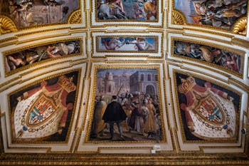 The Hall of Ambassadors at the Royal Palace of Naples in Italy and the frescoes by Belisario Corenzio