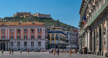 Piazza del Plebiscito, the Royal Palace, and in the background Castel Sant'Elmo and the Certosa di San Martino in Naples, Italy