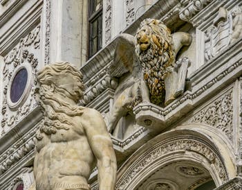 Neptune and Saint-Mark Lion on the Giant Staircase of the Doge's Palace in Venice