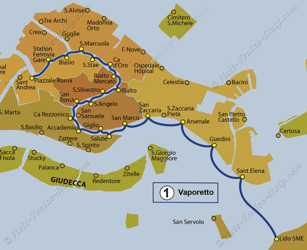 Water Bus Venice Vaporetto Map of Line 1 ACTV