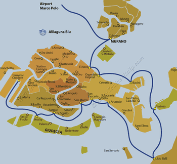 Water Bus Vaporetto Line Map Blue from Airport to Venice in Italy