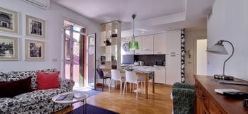 The Dining Room and Kitchen of the Fenice Terrace apartment in Venice, Italy