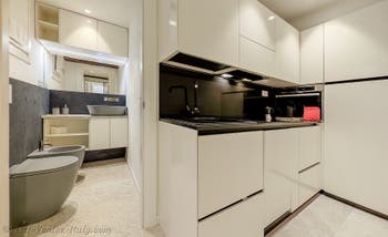 The kitchen and bathroom of the San Marziale flat in Venice, Italy